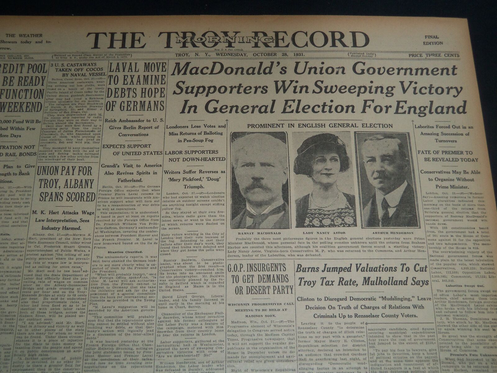 1931 OCTOBER 28 TROY MORNING RECORD - MACDONALD'S UNION GOVERNMENT WINS- NT 7492