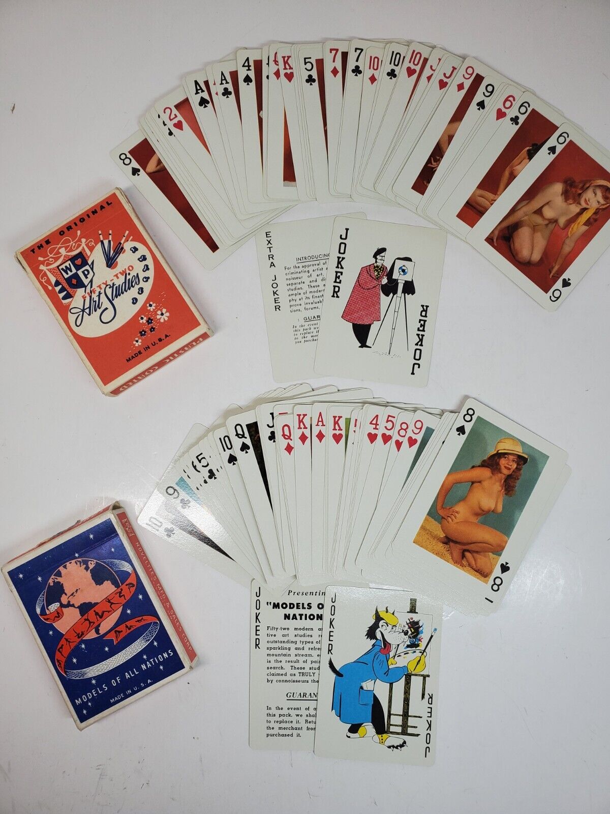 2 VTG 1940\'s RISQUE PLAYING CARDS MODELS OF ALL NATIONS & Fifty Two Art Studies