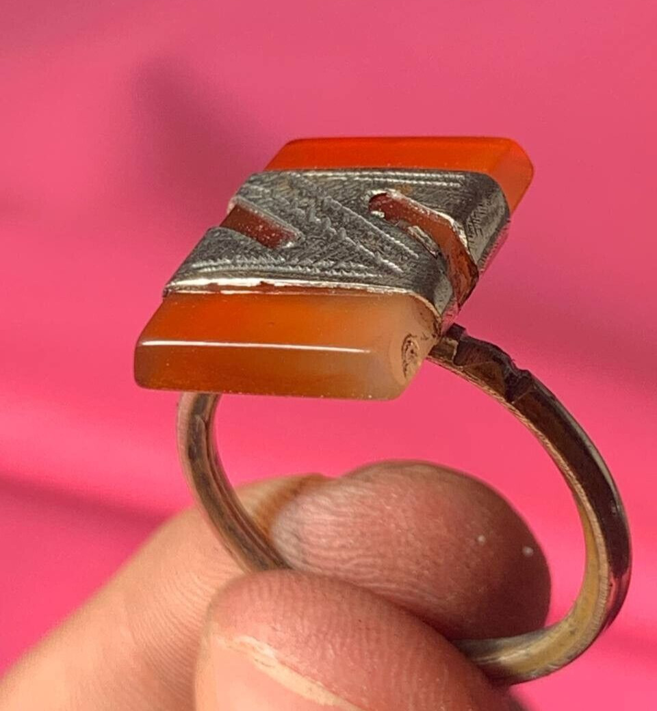 VERY RARE ANCIENT SILVER ROMAN RING WITH ORANGE STONE ARTIFACT AUTHENTIC