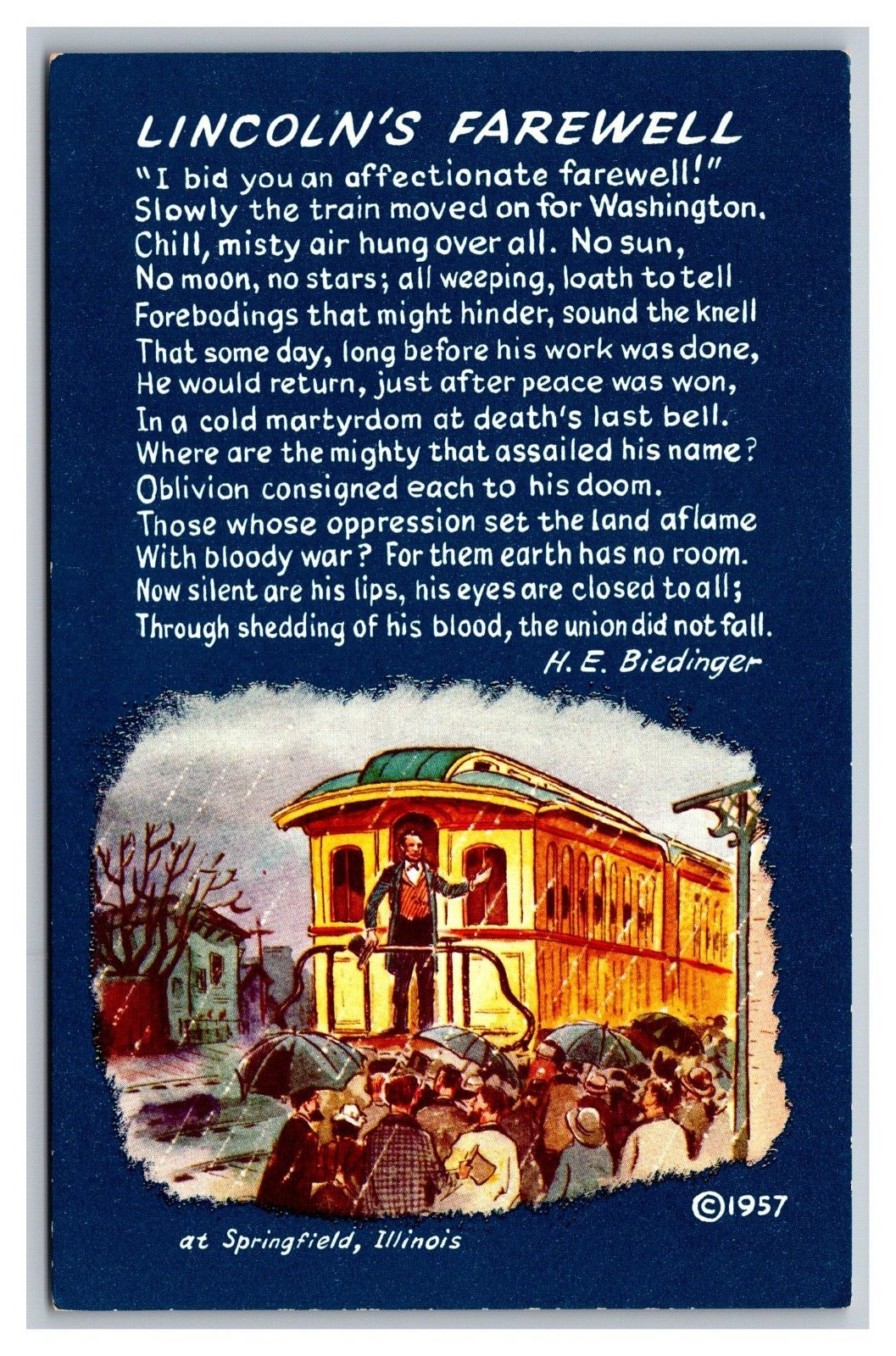Springfield IL Illinois Lincoln\'s Farewell Advertisement by Biedinger Postcard