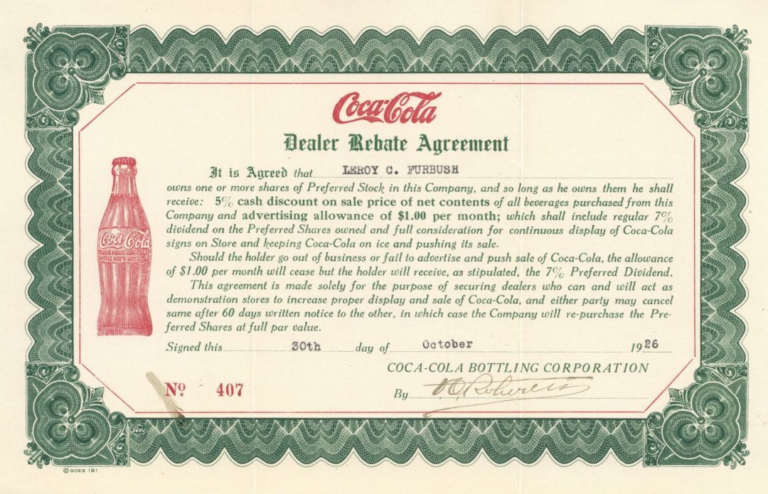 Coca-Cola Bottling Corporation (Coke) - 1926 dated Dealer Rebate Agreement - Fam