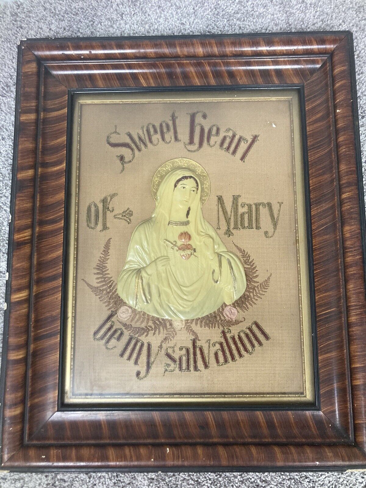 VTG. Sweet Heart of Mary be my Salvation 3-D Celluloid Tiger Wood *Dmged Frame*