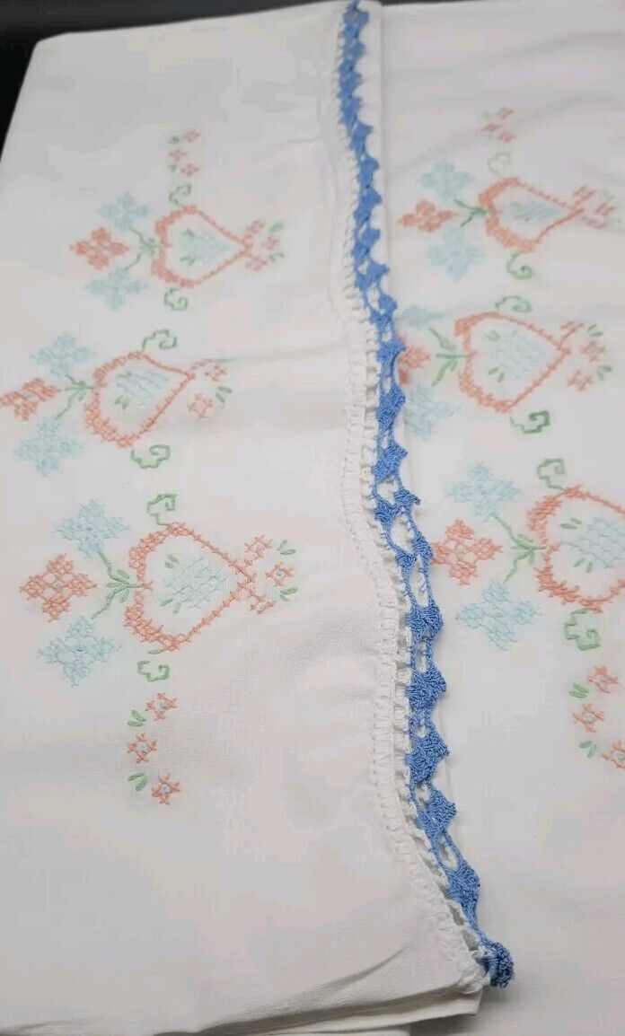 Vintage Cotton Pillowcases Cross Stitch Crochet Floral Hearts 2