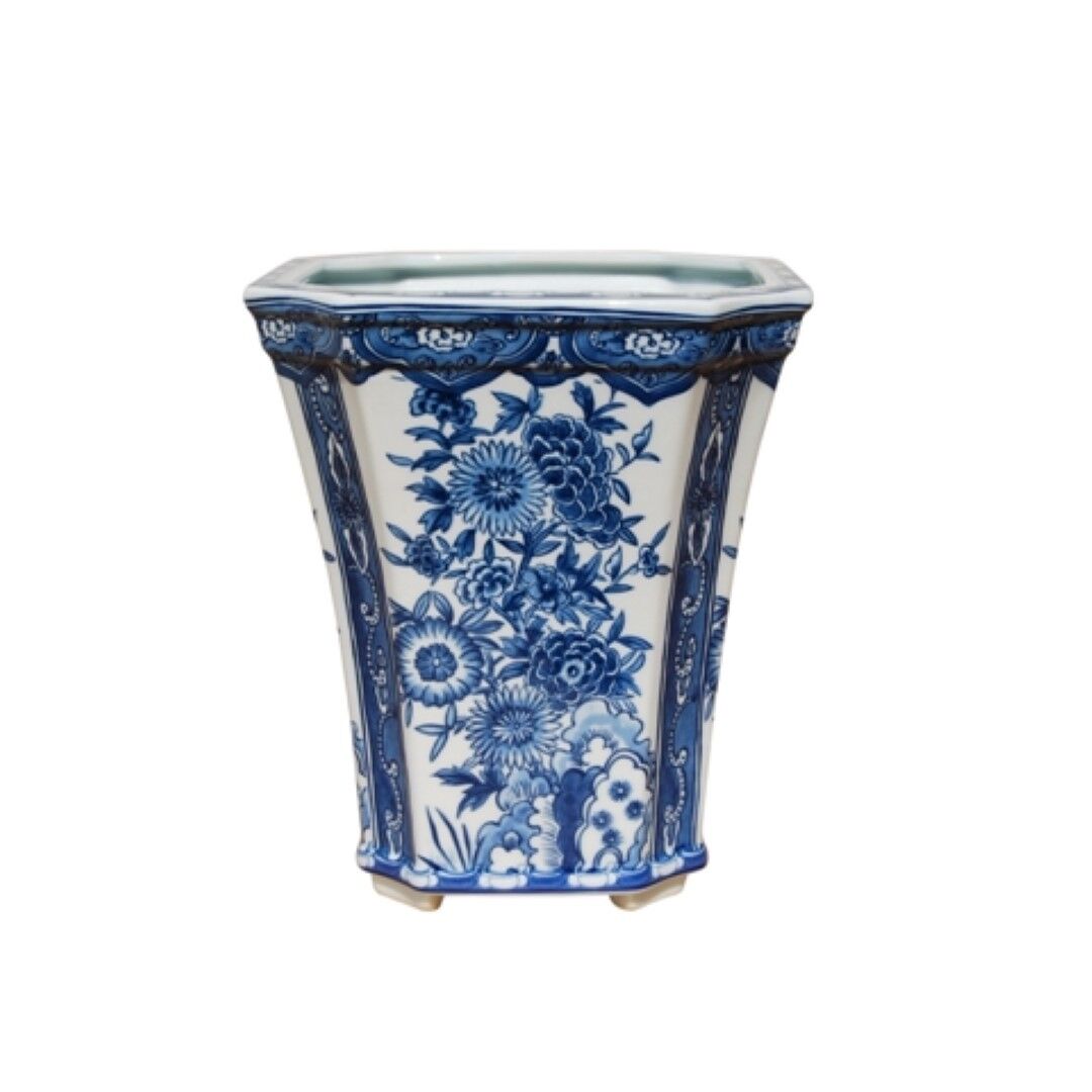 Beautiful Blue and White Floral Porcelain Hexagonal Pot