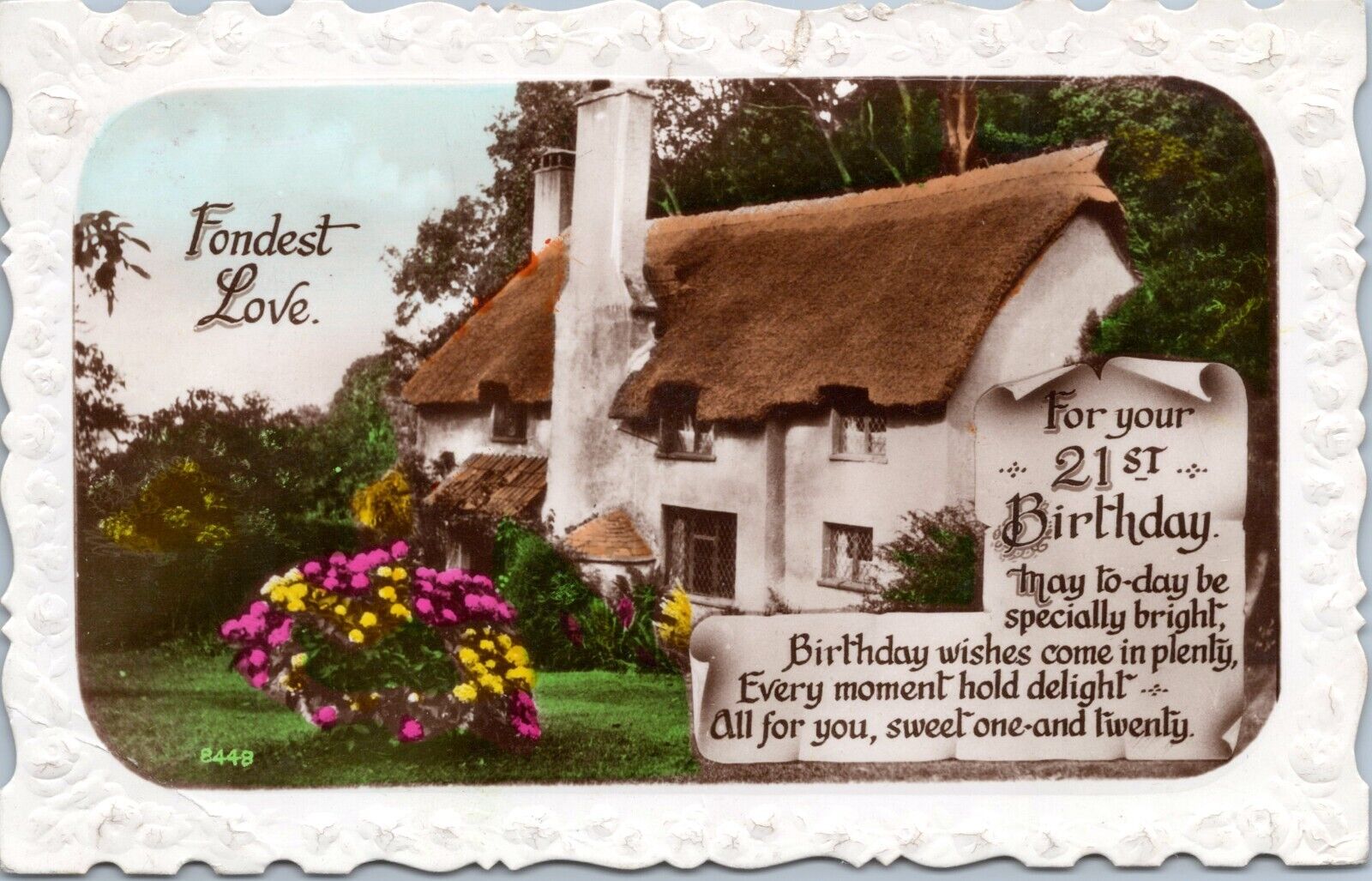 RPPC Photo Hand Colored Postcard - Cottage c1920s- Fondest Love, 21st Birthday