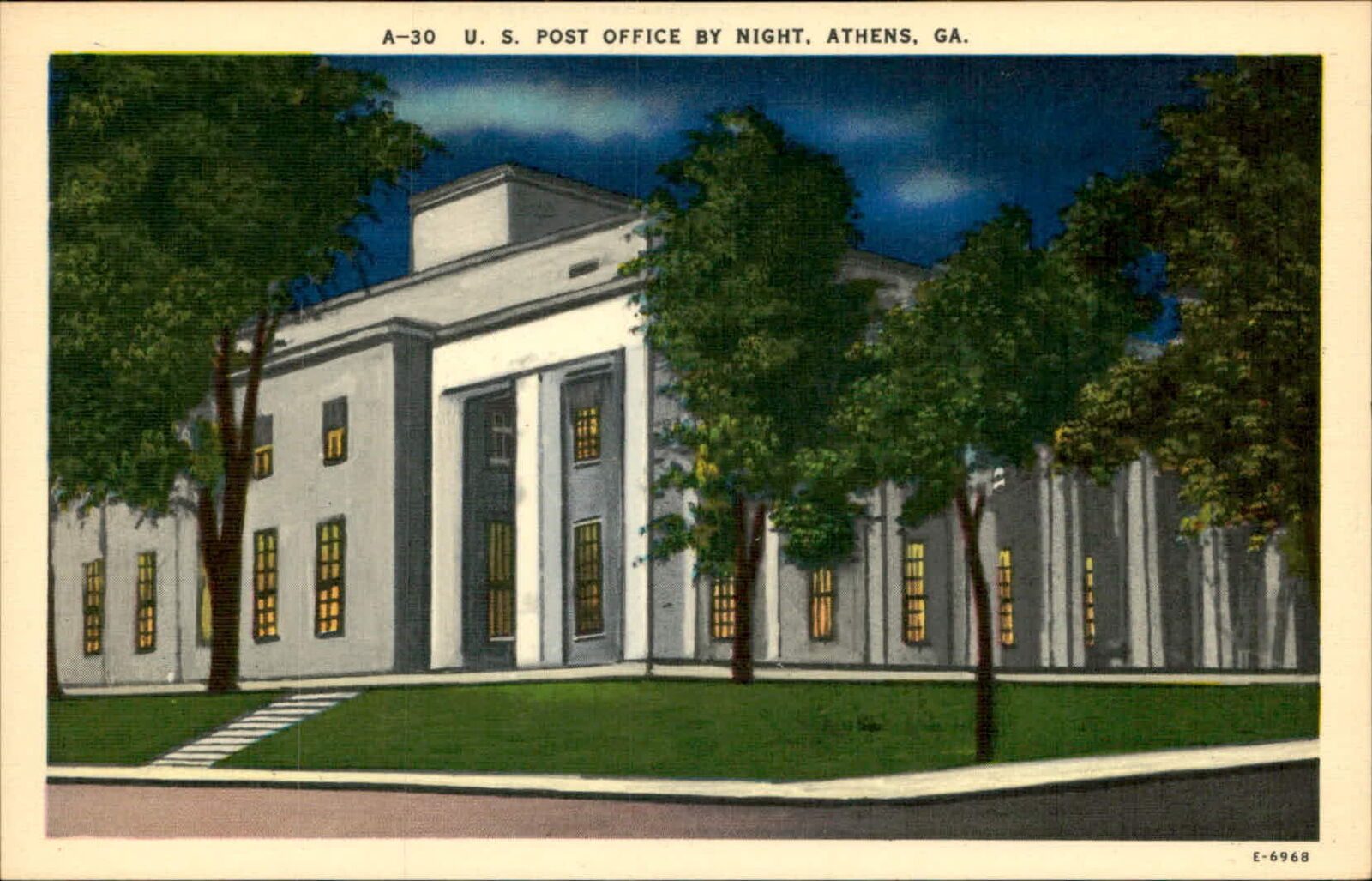 Postcard: 1 A-30 U. S. POST OFFICE BY NIGHT, ATHENS, GA. E-6968