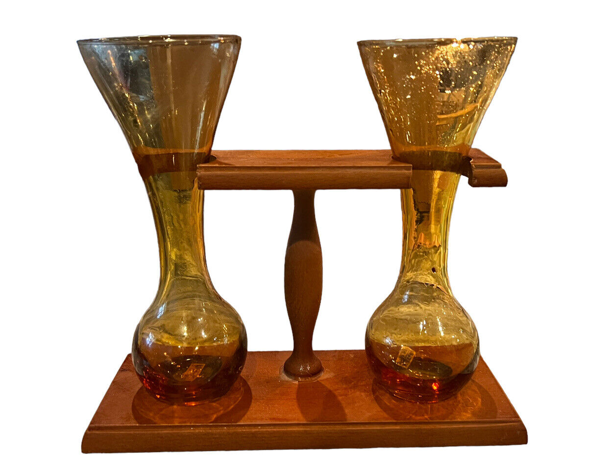 Vintage Yard of Ale Glasses with Wood Stand Made in Italy