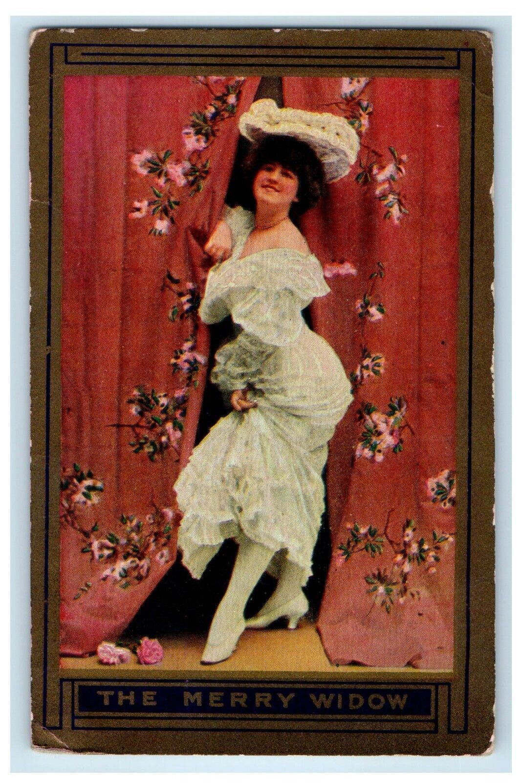 1909 The Merry Widow Pretty Girl Dress White Floral Curtain Antique Postcard