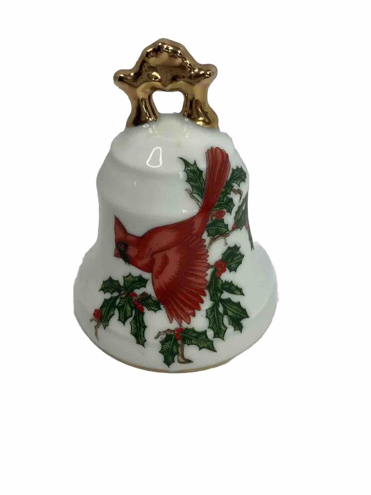 LEFTON Christmas Bell Hand Painted Cardinal & Holly Porcelain 02090 Japan