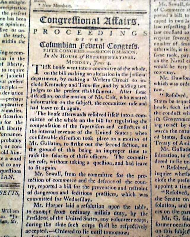 Nice MASSACHUSETTS SPY Published by Isaiah Thomas 1798 Worcester MA Newspaper