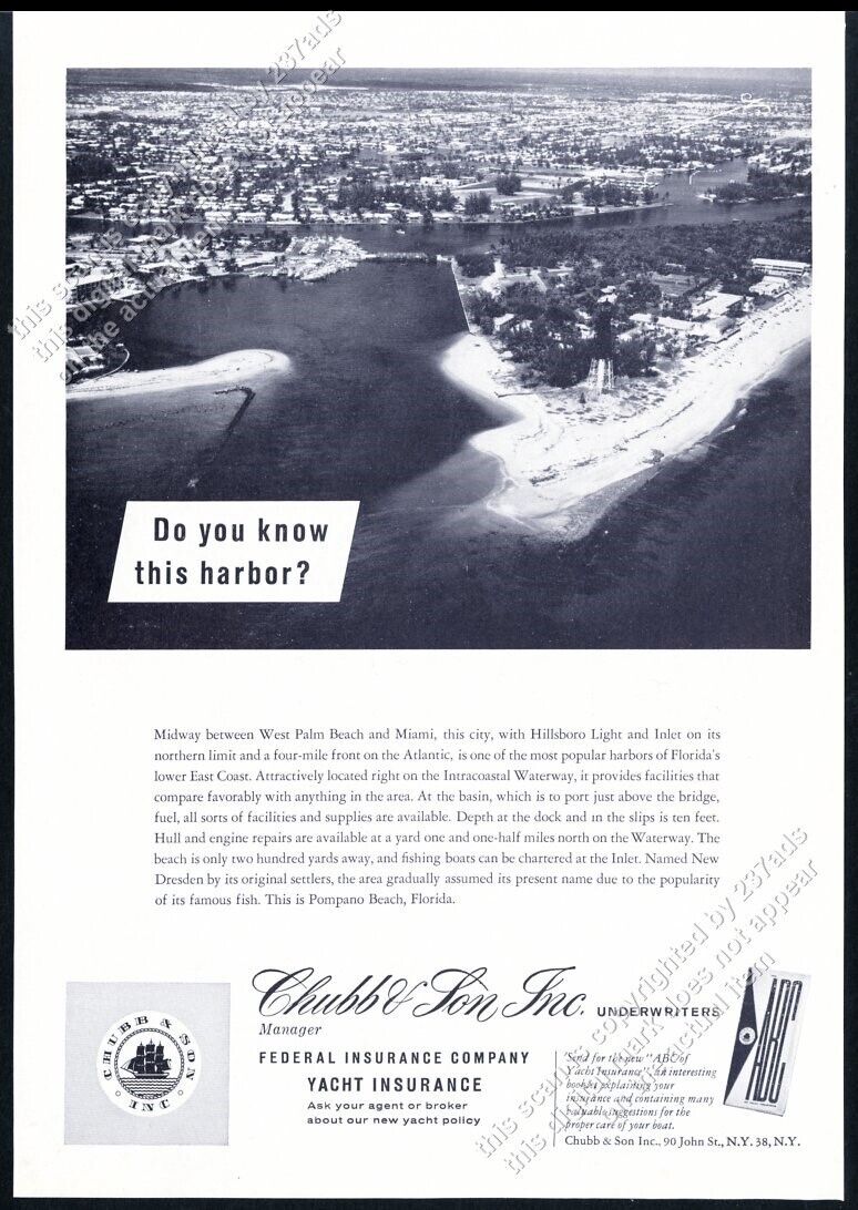 1965 Pompano Beach Florida harbor aerial photo Chubb Insurance vintage print ad