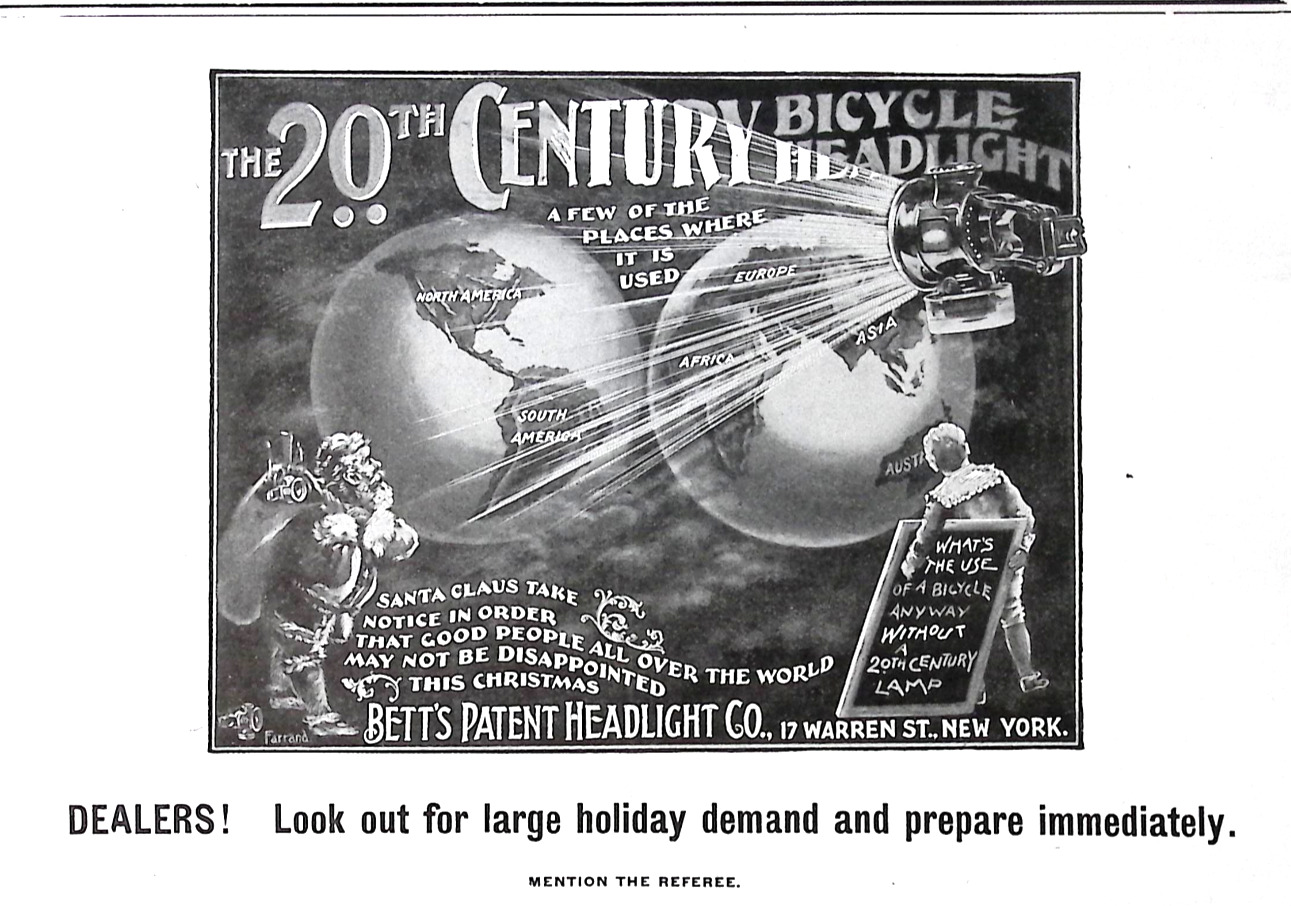 1896 The 20th Century Bicycle Headlight Bett\'s Co SANTA CLAUS Bicycle Trade Ad