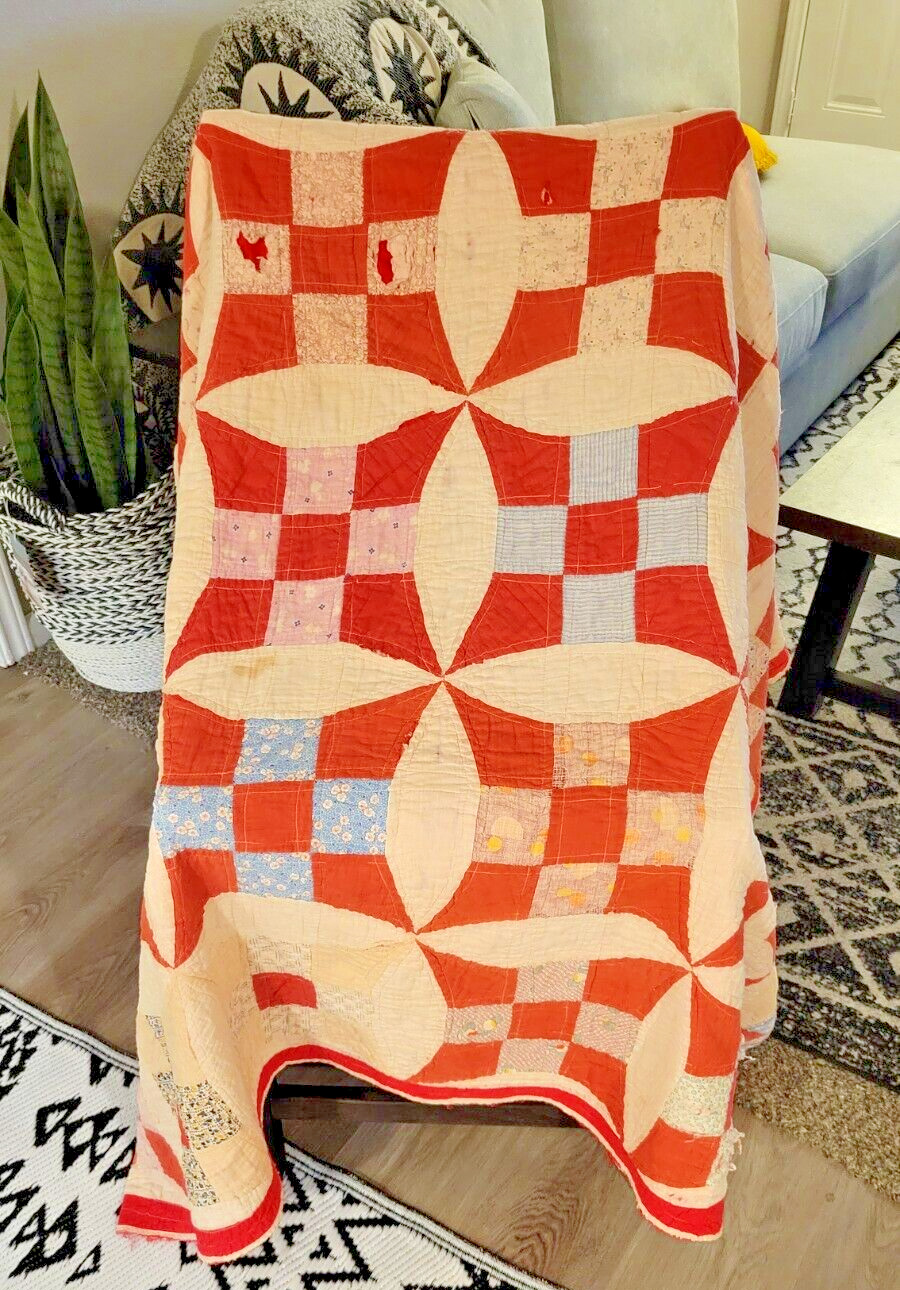 1940s Red Vintage Glorified Nine Patch Cutter Quilt Feedsack Apx 78x68