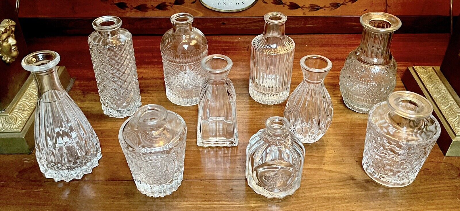 Collection of Clear Glass Small Bottle Vases-Various Vintage Patterns-Set of 10