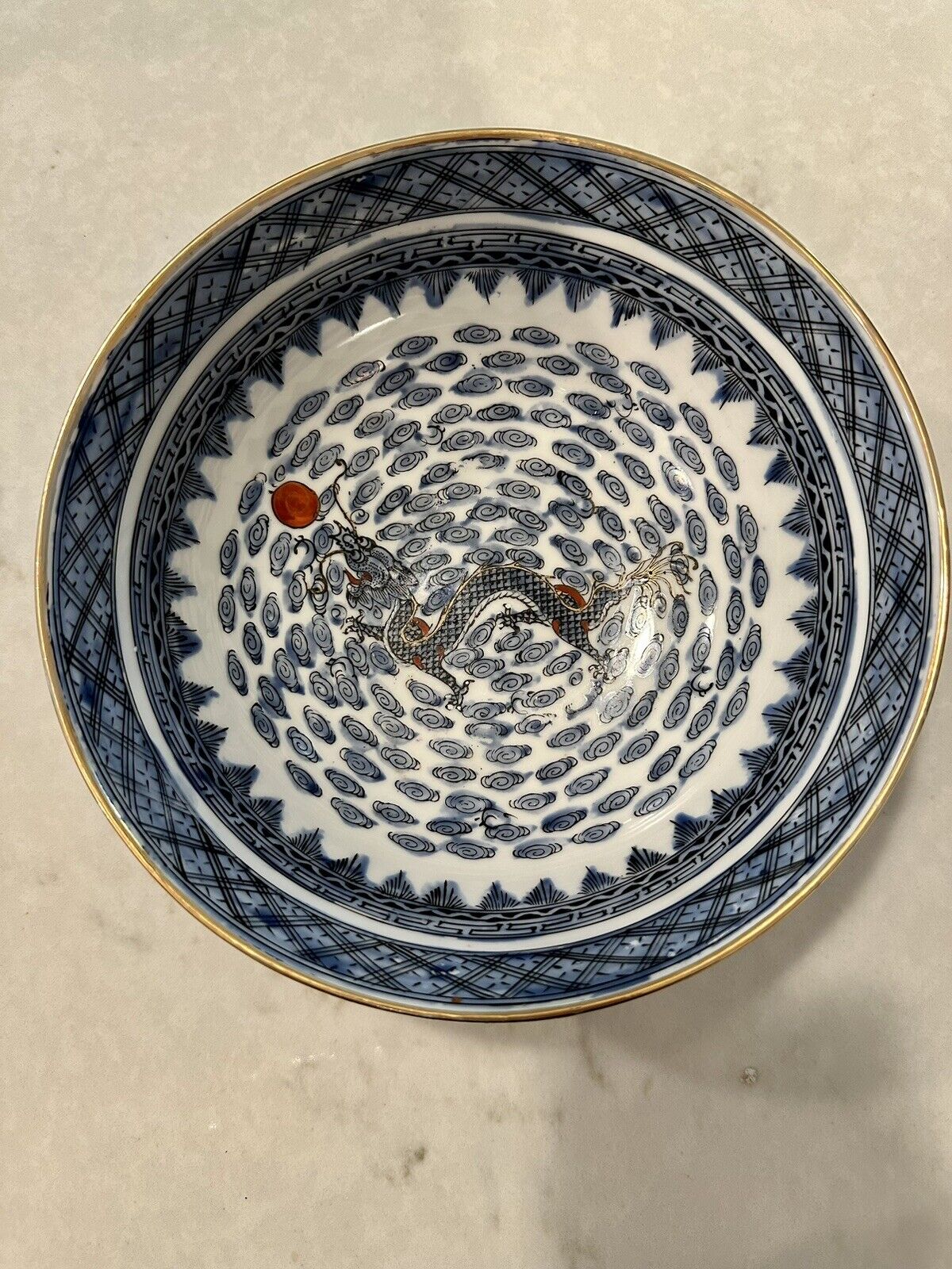 Vintage Blue And White  Porcelain Dragon Bowl