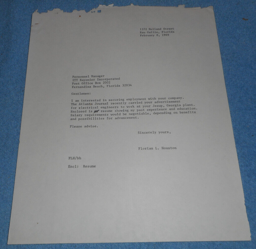 1969 Employment Interest Letter To ITT Rayonier Inc Florida From Florian Houston