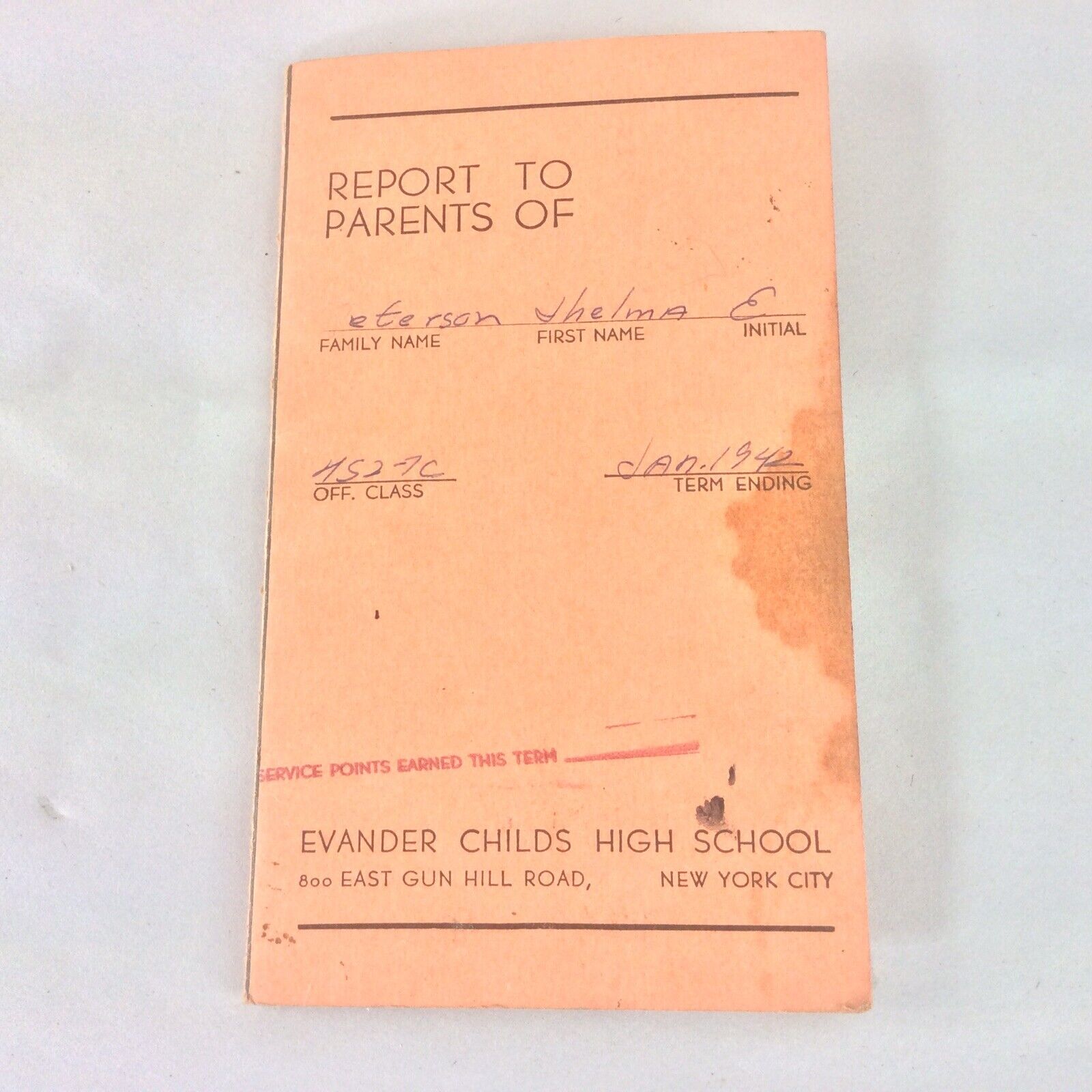 Vintage 1942 Evander Childs High School New York City Report Card