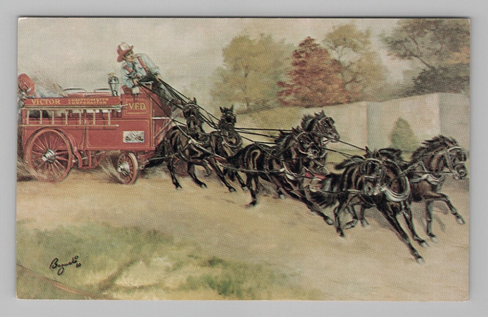 Postcard Horse Drawn Fire Wagon Fireman Victor Six Pony Hitch Painting Art