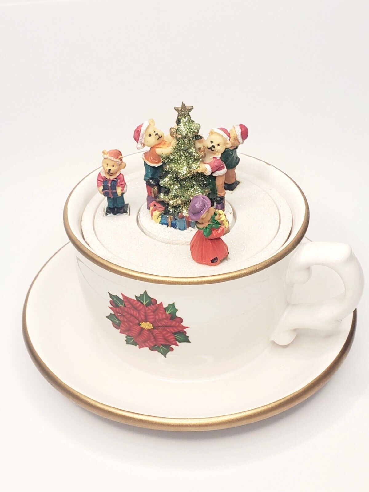 2012 Avon Musical Twirling Family In Teacup/Christmas Tree-Wind Up Music Box