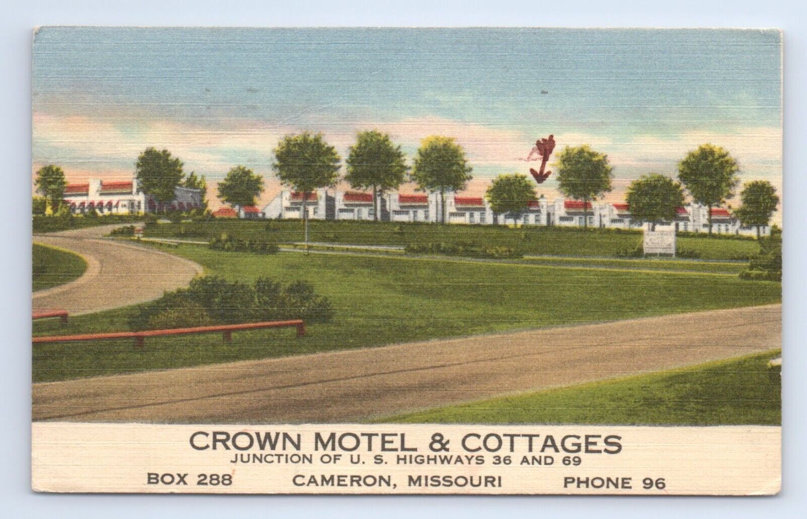 Crown Motel Cottages US 36 69 Cameron Missouri Postcard VTG MO Hotel Motor Court