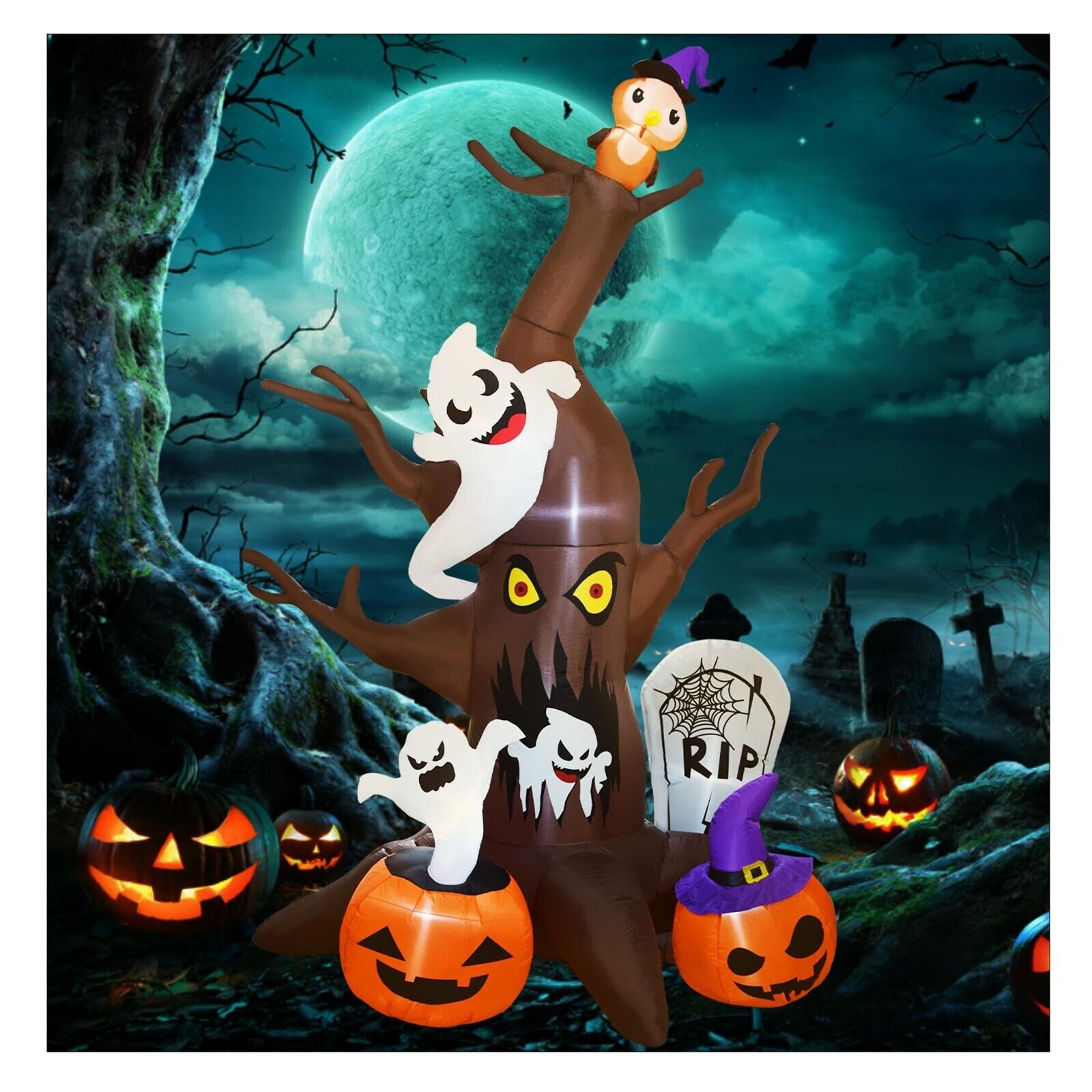 9 FT Halloween Inflatable Dead Tree with Ghosts Pumpkins Tombstone and Owl, B...