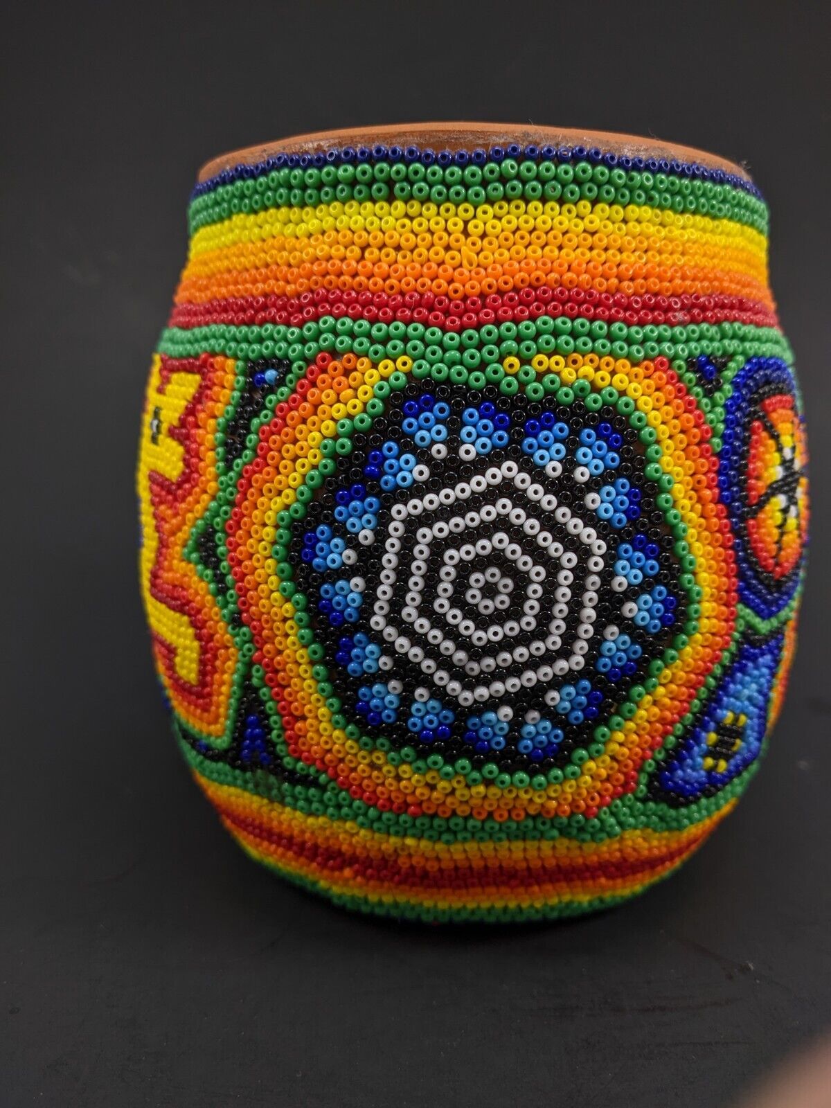 Vintage Huichol Art Clay Pot / Vase Handmade.  Sacred Deer and Sacred Peyote
