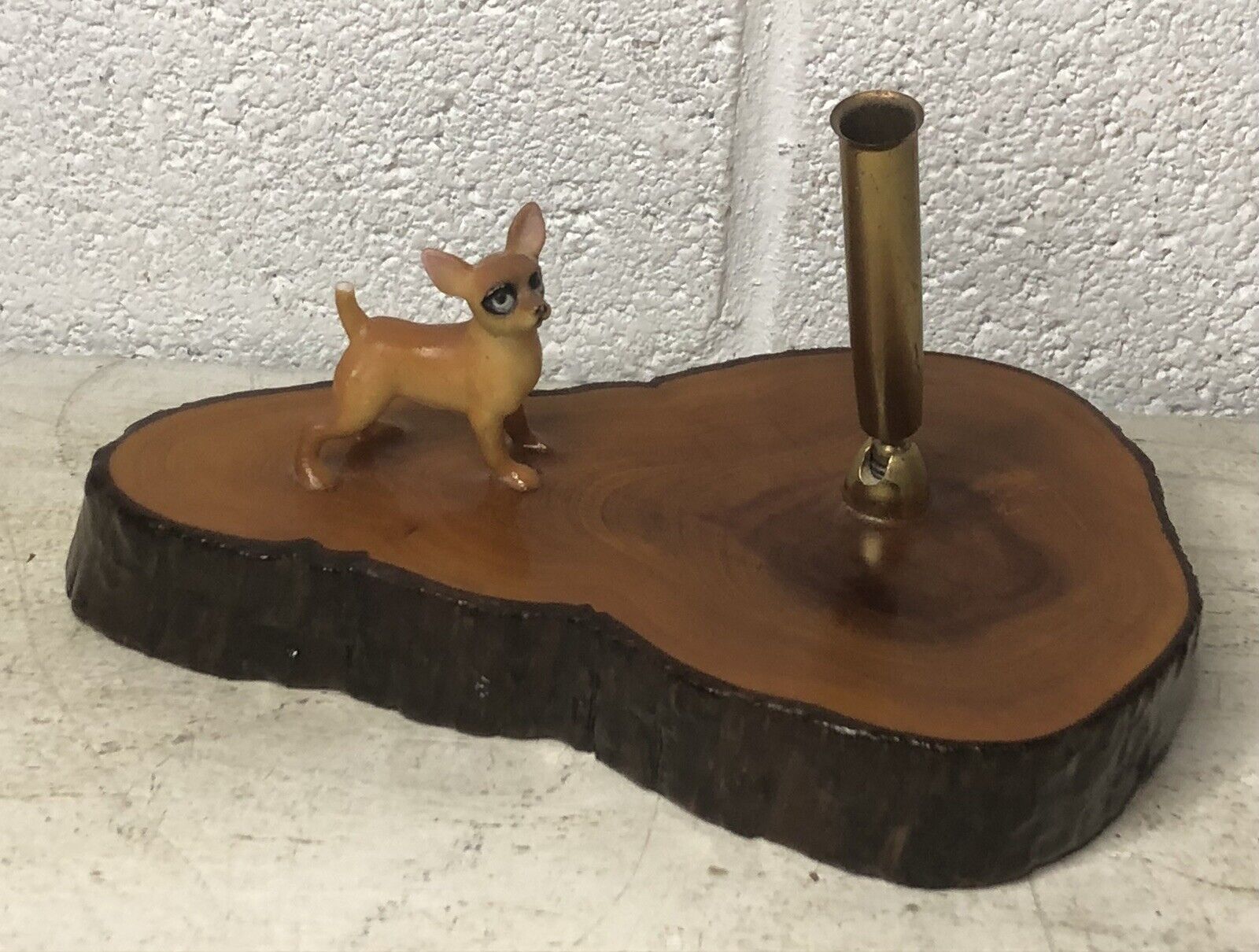 Vintage Lacquered Wood Log Slice Art Ink Pen Holder Desktop With Chihuahua Dog