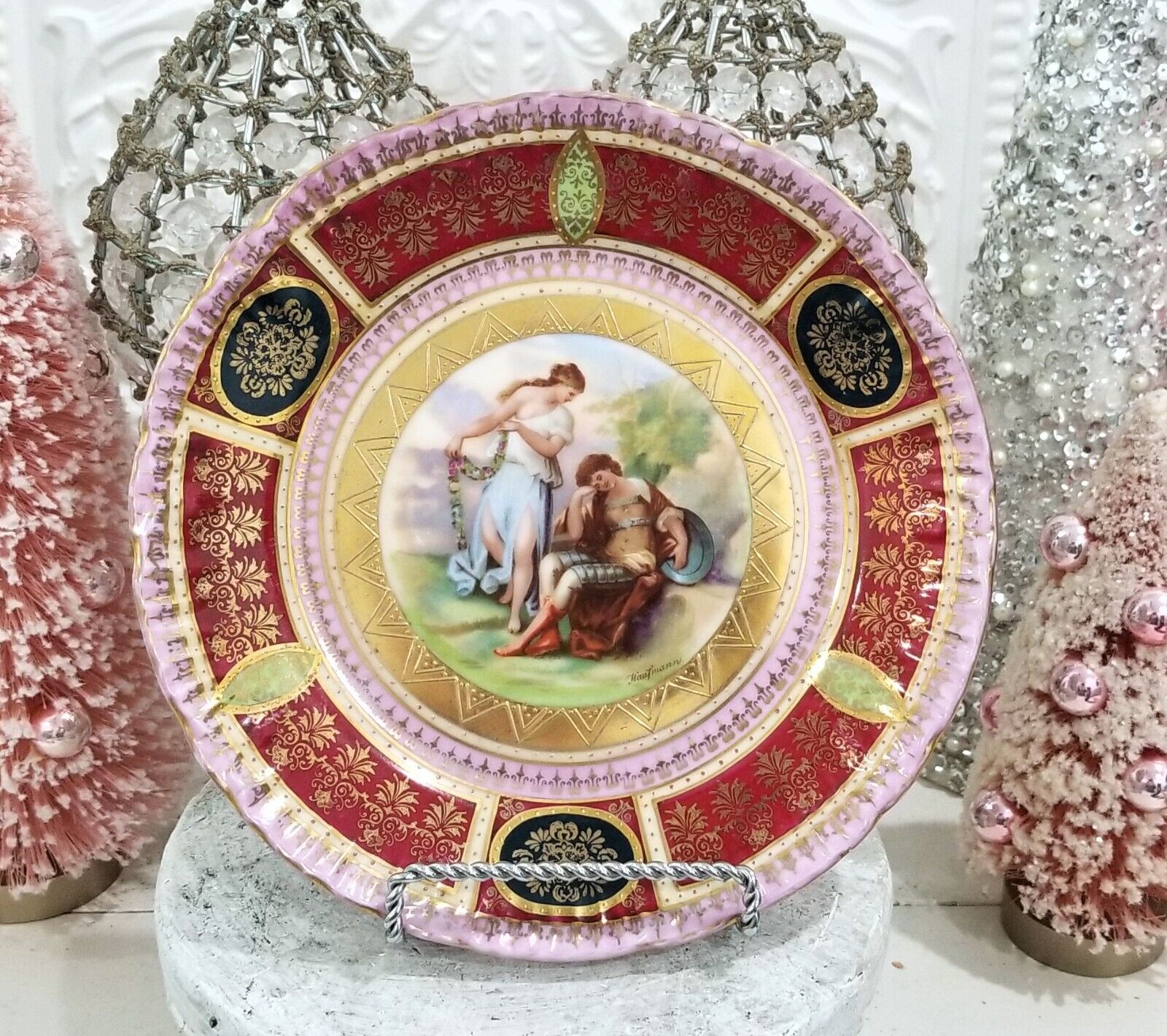 Antique Royal Vienna Pink Cabaret Plate Signed Kaufmann Gilt Victorian