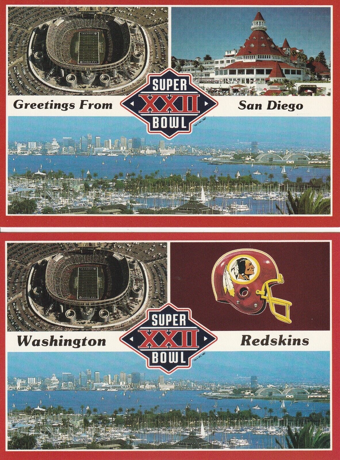 (2) San Diego Jack Murphy Stadium Postcards Washington Redskins Super Bowl XXII