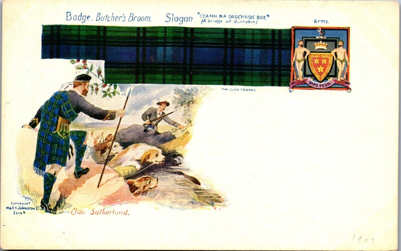 Vintage Postcard Scottish Clan Sutherland Tartan Arms Butcher\'s Broom Badge 1907