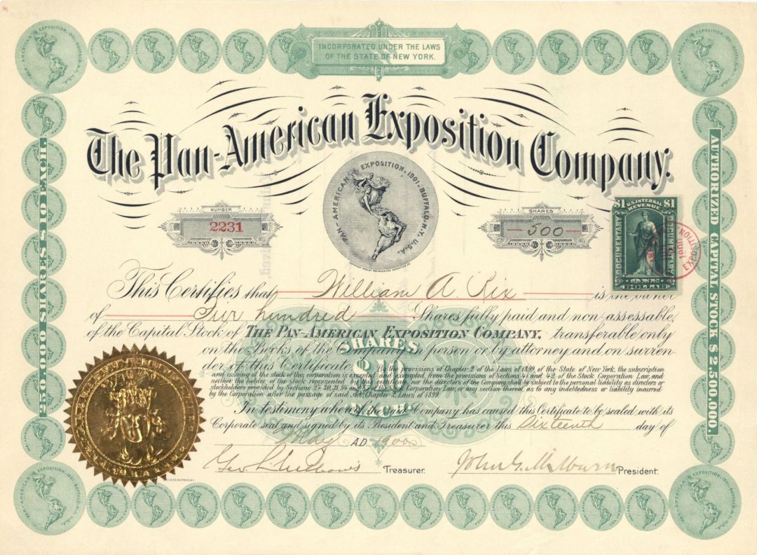 Pan-American Exposition Co - 1900-1901 dated Stock Certificate - World's Fair