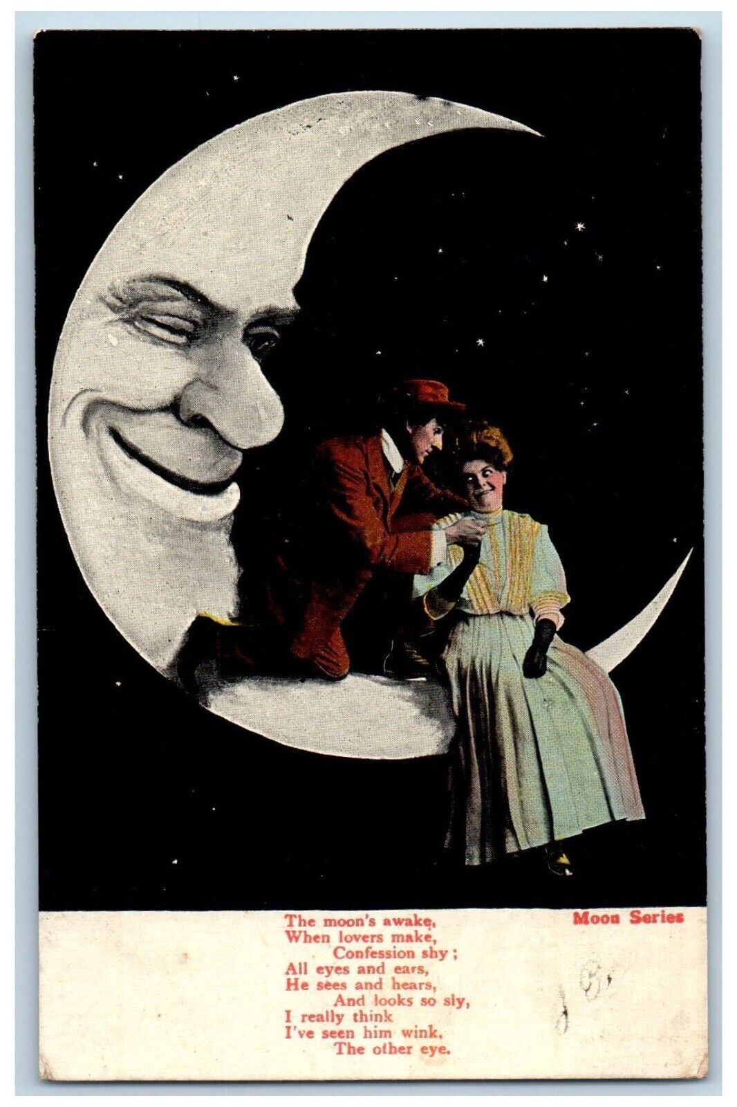 Romance Postcard Sweet Couple Sat On Crescent Moon c1905 Posted Antique