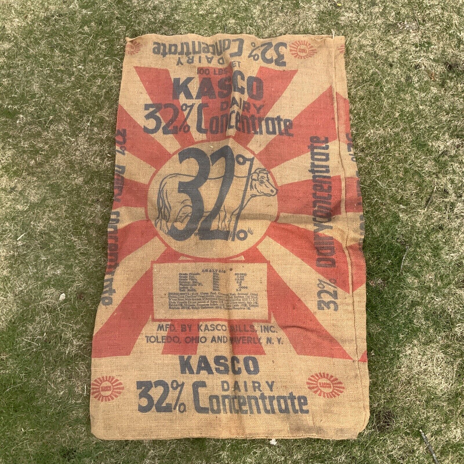 Vintage burlap bag sack Kasco Diery concentrate Toledo, Ohio, Waverly, NY. farm￼