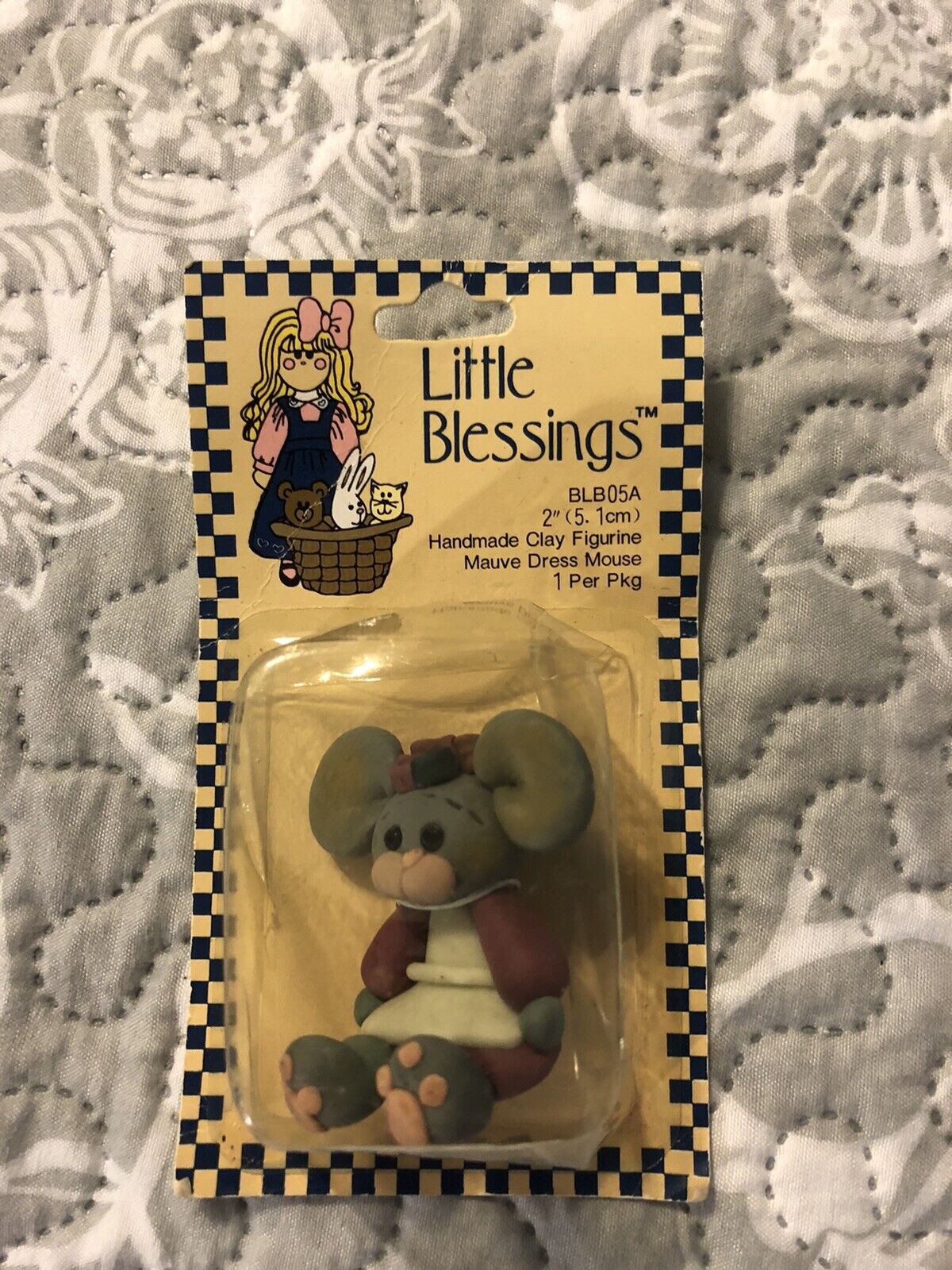 1994 Suzi Little Blessings Handmade Clay Figurine Mauve Dress Mouse Gray