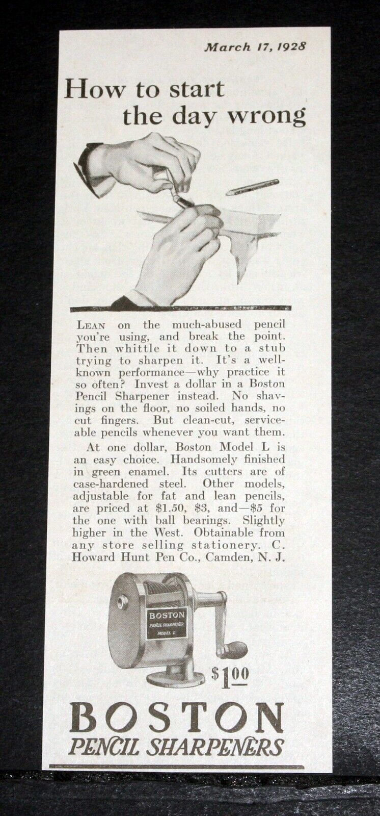 1928 OLD MAGAZINE PRINT AD, BOSTON PENCIL SHARPENER, HOW TO START THE DAY WRONG