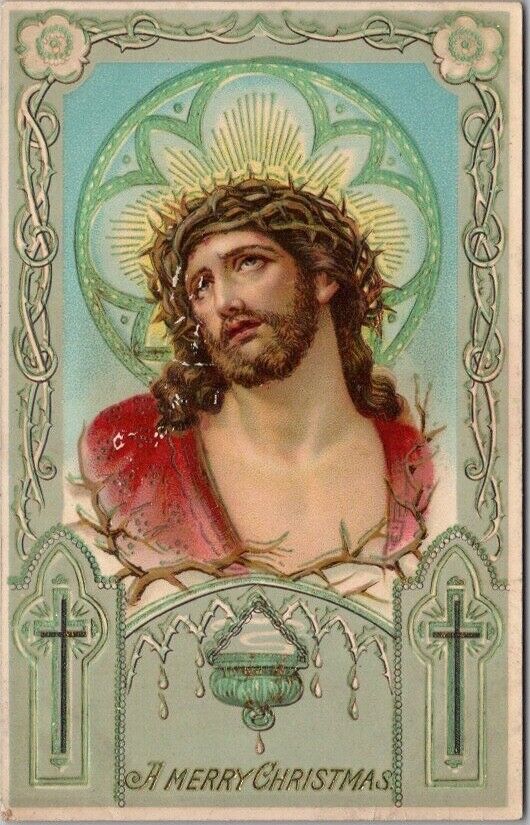 c1910s MERRY CHRISTMAS Embossed Gel Postcard JESUS CHRIST / Crown of Thorns