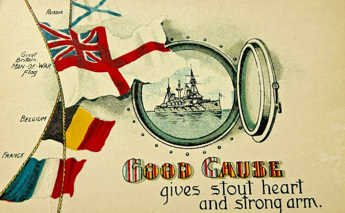 British Royal Navy Vtg Postcard Flags of  Belgium France Russia - WWI Era