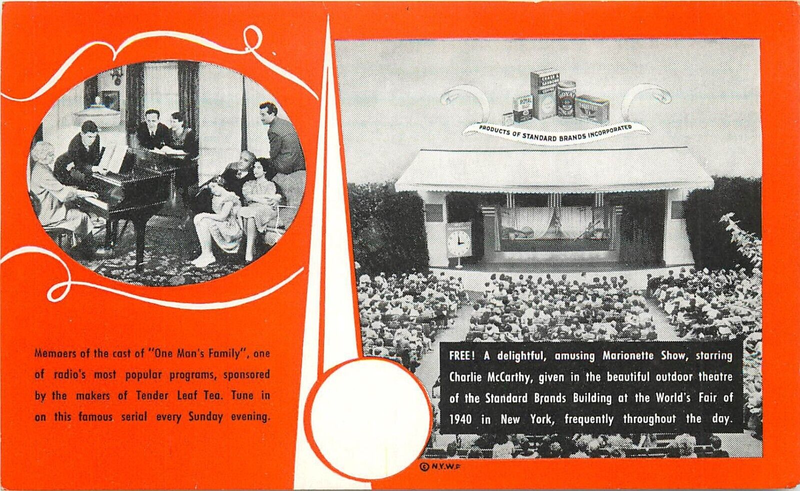 1940 World\'s Fair Postcard. Standard Brands Marionette Show.  Tender Leaf Teas