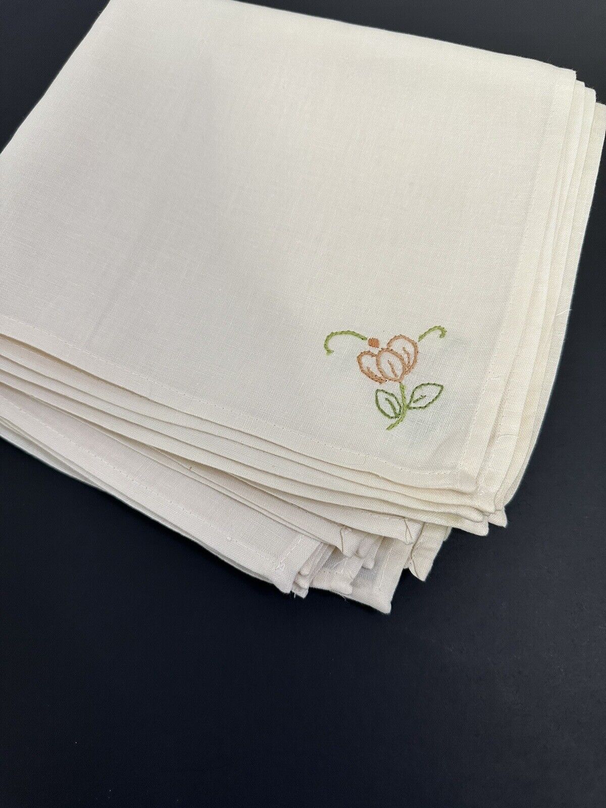 Set of 8 Vintage Beige Cream Embroidered Cloth Napkins Peach Flowers