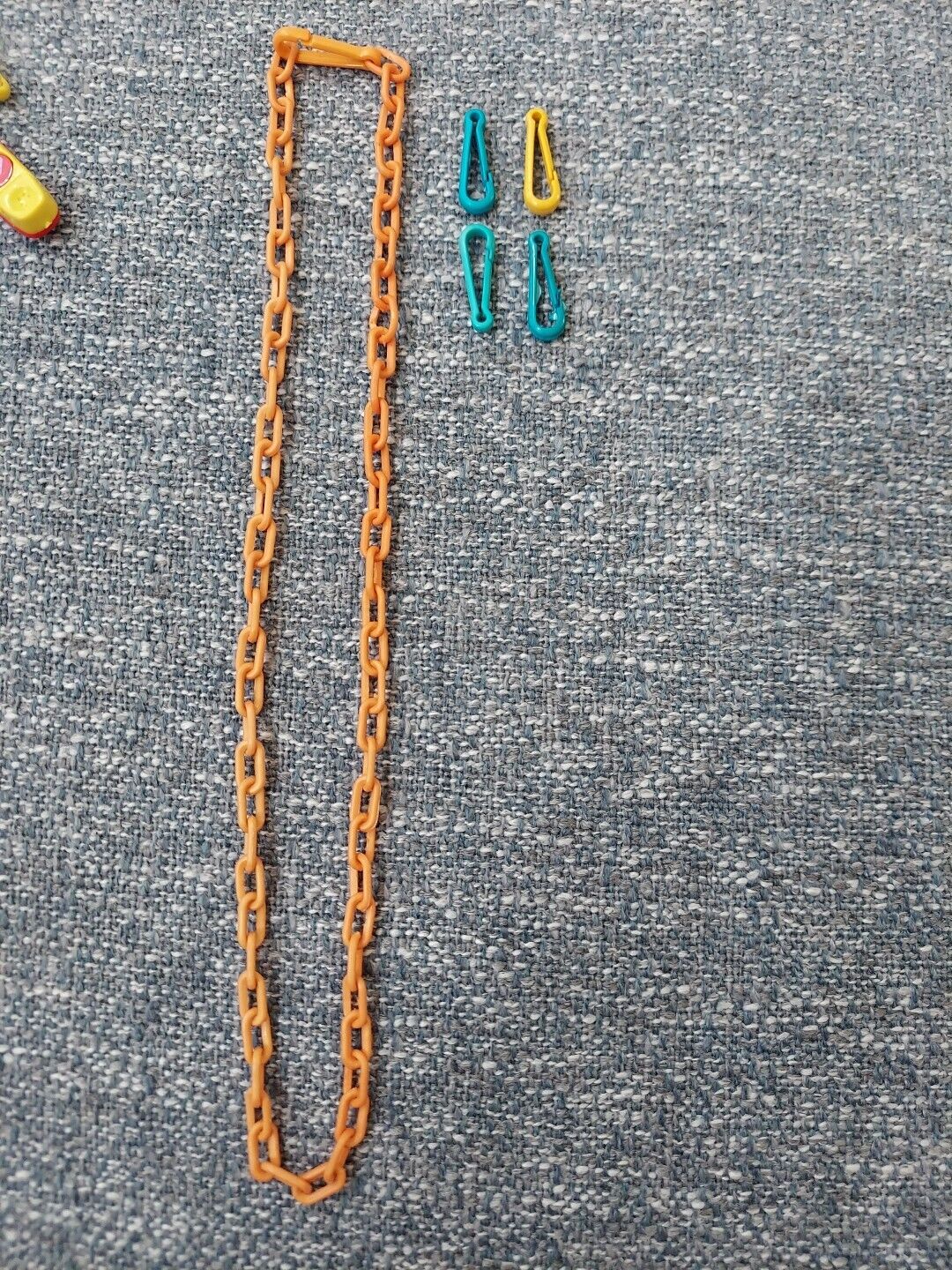 Vintage 1980s Plastic Clip On Bell Charm Chain Link Necklace Orange Blue