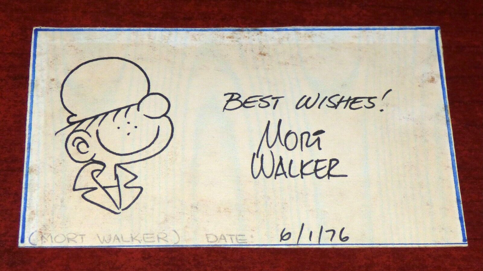 MORT WALKER BEETLE BAILEY ORIGINAL 1976 SIGNED DRAWING ON CARD