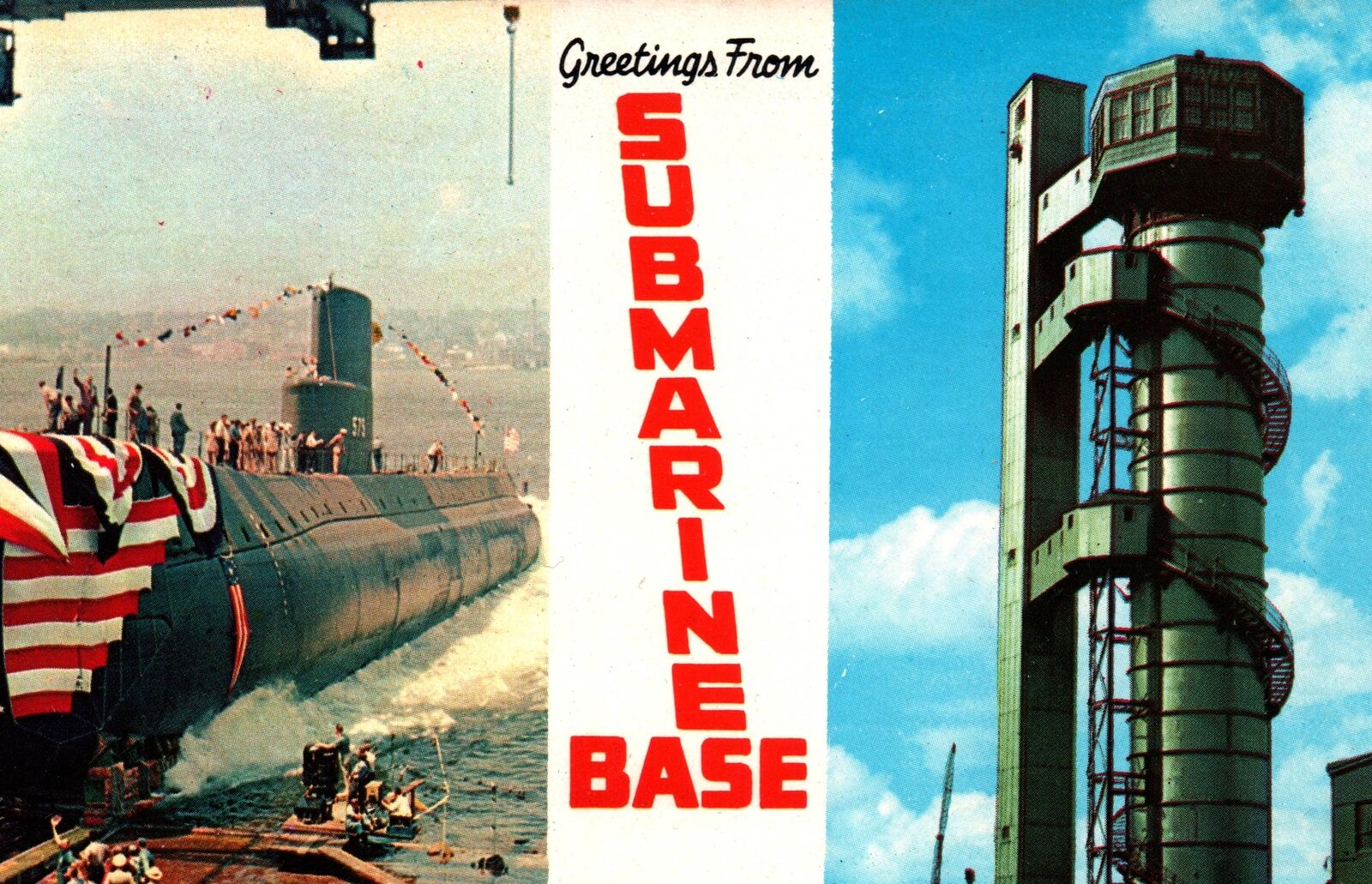 CONTINENTAL SIZE POSTCARD GREETINGS FROM SUBMARINE BASE USS SEAWOLF AND TRAINING