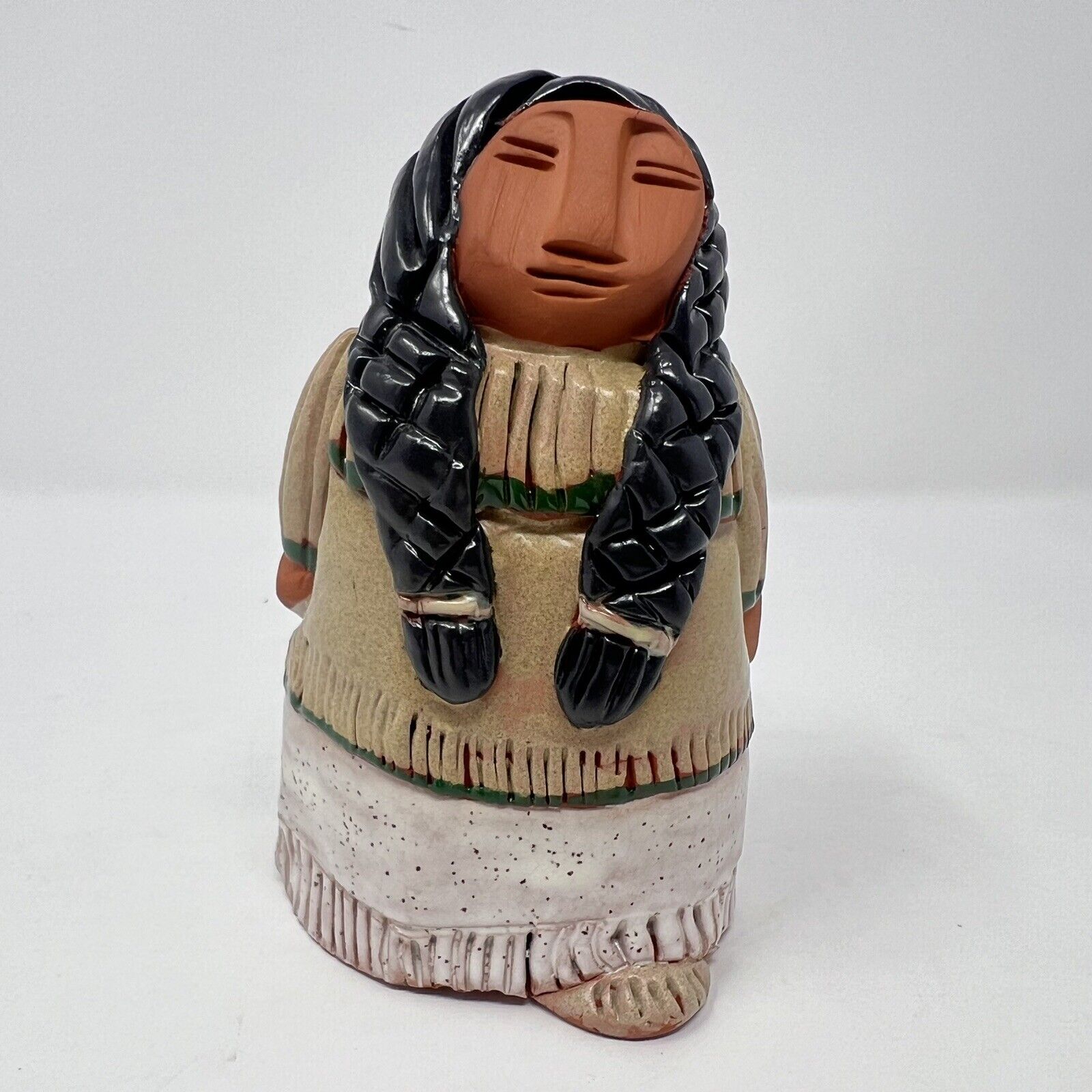 Keena Signed Mohawk Native American Indian Clay Figurine 4” Mother with Braids