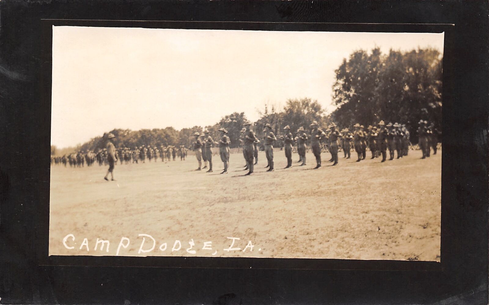 Johnston IA WWI Sargent Addresses Troops in Formation~Folded At Elbow RPPC PC