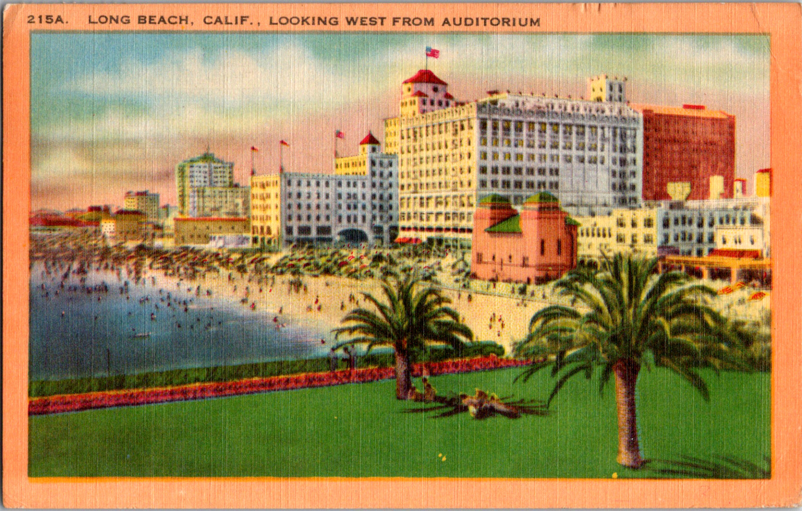 Vintage 1948 View Ocean Surf Sandy Beach Goers Hotels Long Beach CA Postcard 