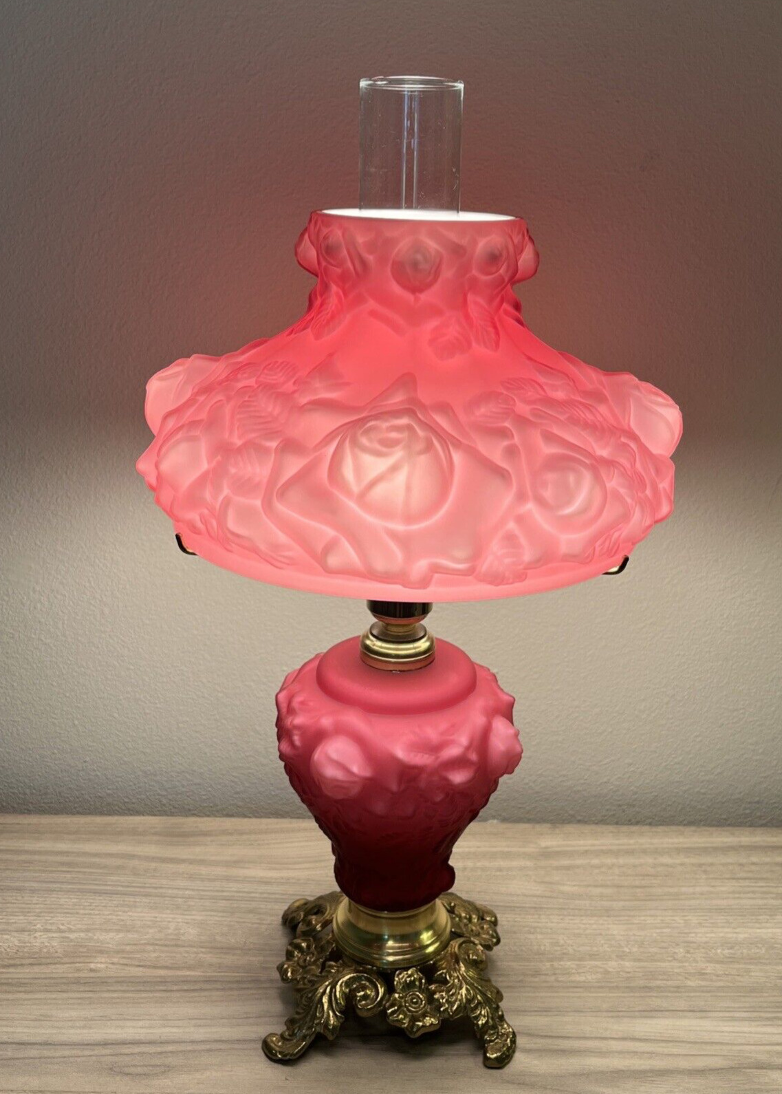 Vintage 1950s Fenton Case Glass Puffy Rose Pink Gone with the Wind Table Lamp 