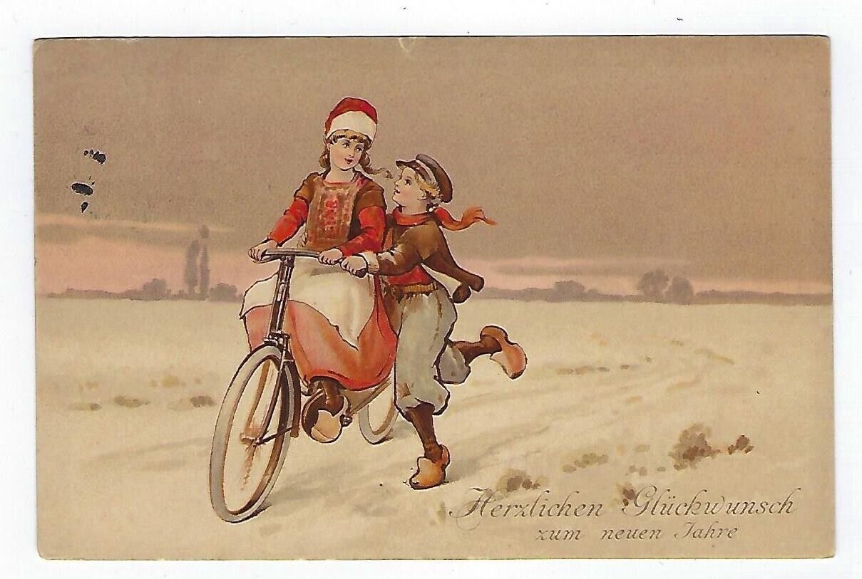VTG 1908 German Christmas Postcard Boy Helping Girl Ride Bike #283 Posted