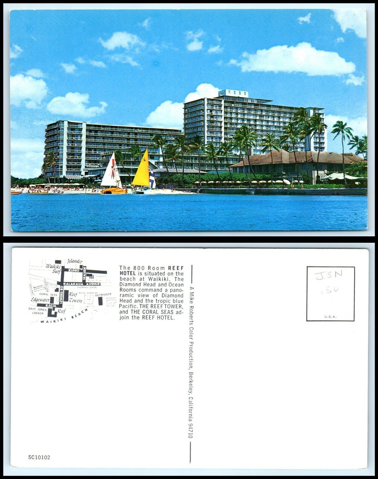 HAWAII Postcard - Waikiki Beach, The Reef Hotel S45