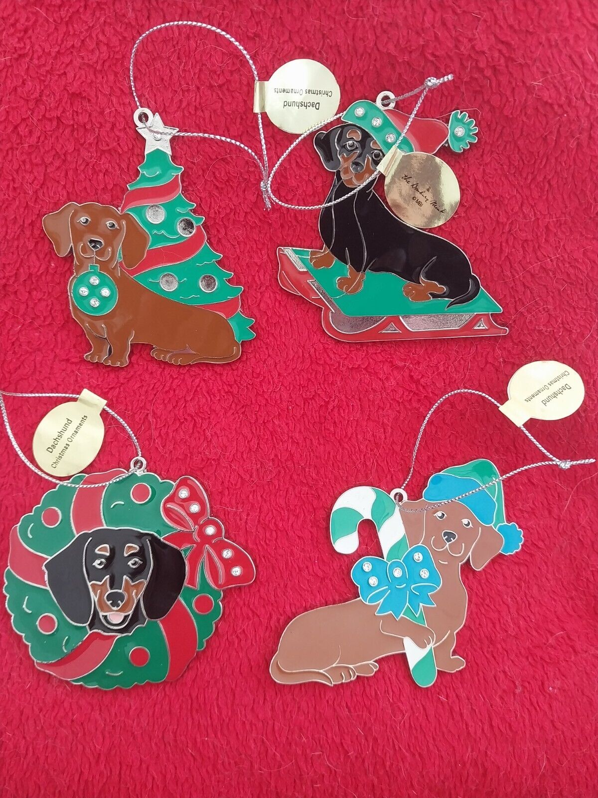Set of 4 Danbury Mint Metal Dachshund Christmas Ornaments
