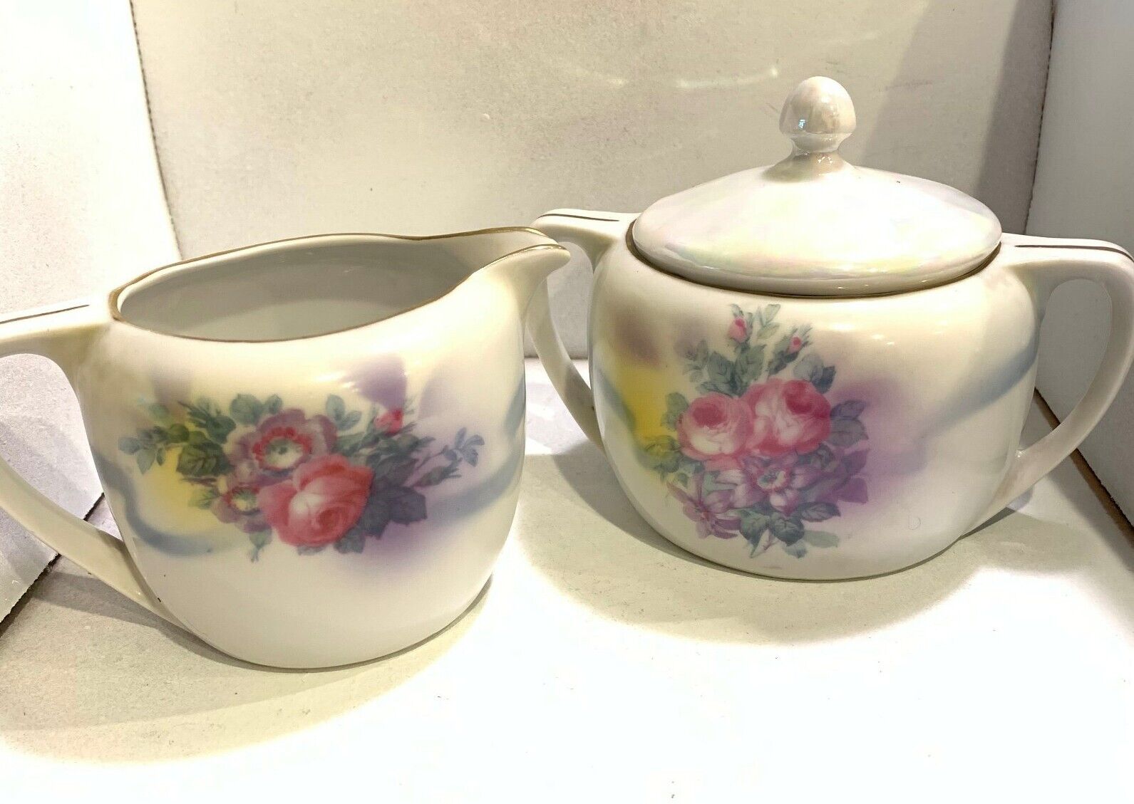 Antique Collectible RUDOSTADT German Fine China Cream & Sugar Bowl With Lid. F6